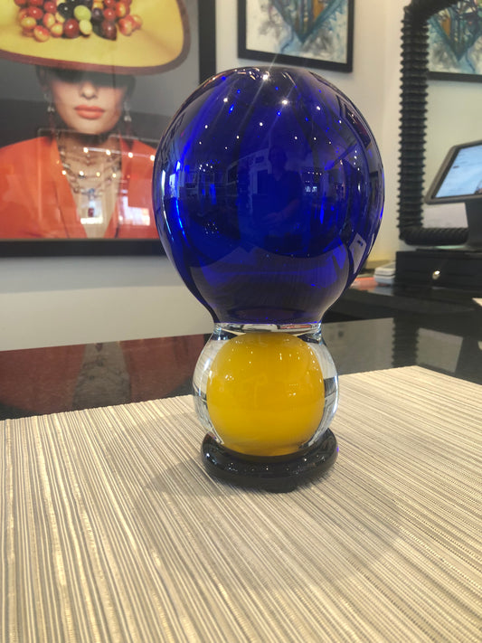 ONE BLUE GLASS VASE W/ YELLOW DOT